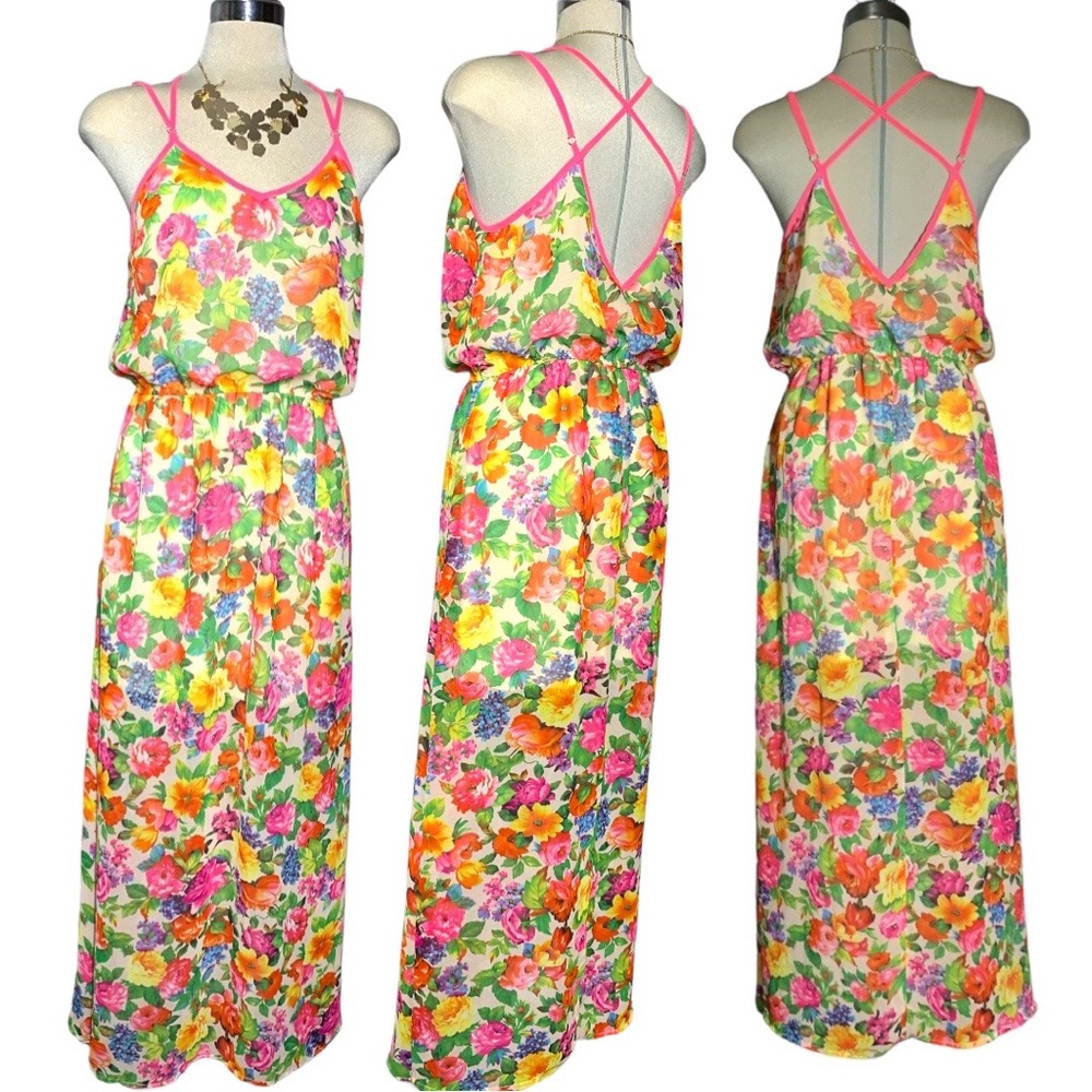 NEW LULUMARI Pink  Floral Multicolour Design Maxi Dress Size L.